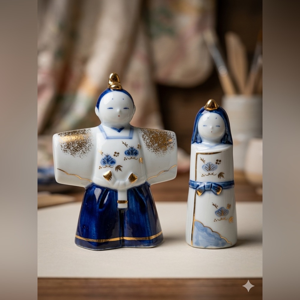 Vintage Yakushigama Japanese Hina Dolls – Blue & Gold Porcelain Emperor/Empress